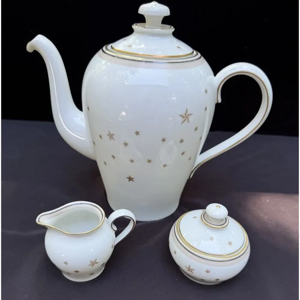 Rare Vintage Bing & Grondahl Milky Way Gold Star Pattern Tea Pot Cream & Sugar